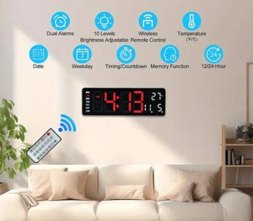 Wand-Digitaluhr mit Doppelwecker, Fernbedienung & Temperaturanzeige