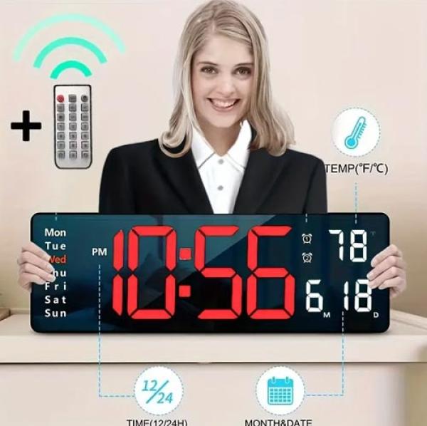 Wand-Digitaluhr mit Doppelwecker, Fernbedienung & Temperaturanzeige